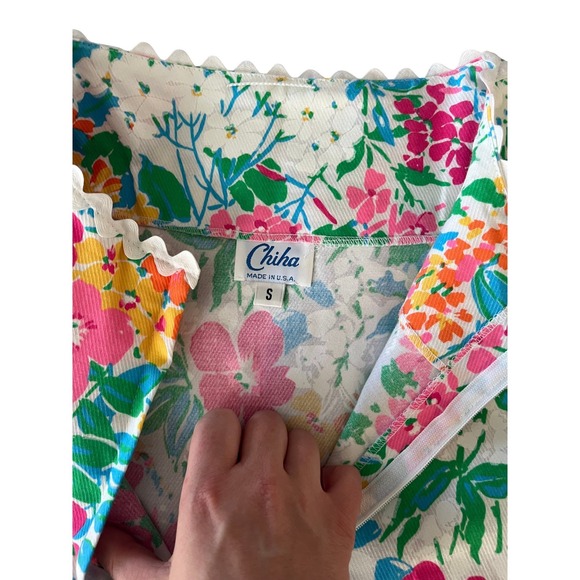 Vintage 60s Chiha Floral Midi Dress Short Sleeve Scallop Trim Pink Green Size S - Picture 7 of 9